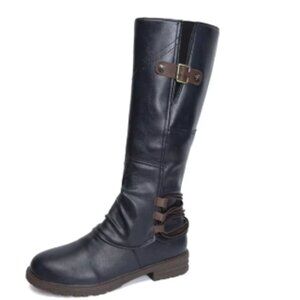 Fashion Casual Round Toe Square Heel High-Top Women's Leather Boots Side Zip